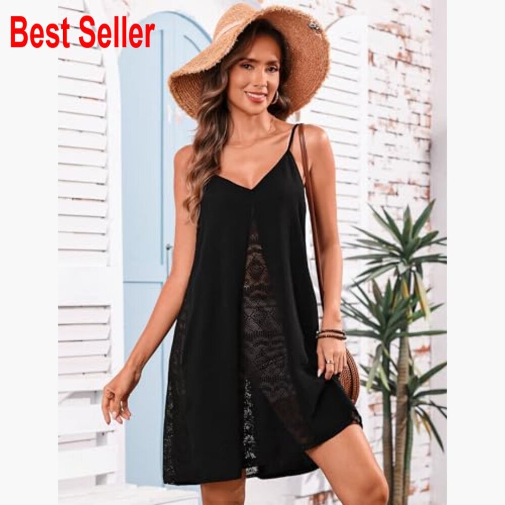 Polyester Crochet Tank Dress with Spaghetti Straps and Pockets - Picture 2 of 7